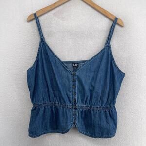 GAP Tank Top Womens L Denim Peplum Camisole Button Front Spaghetti Strap Blue
